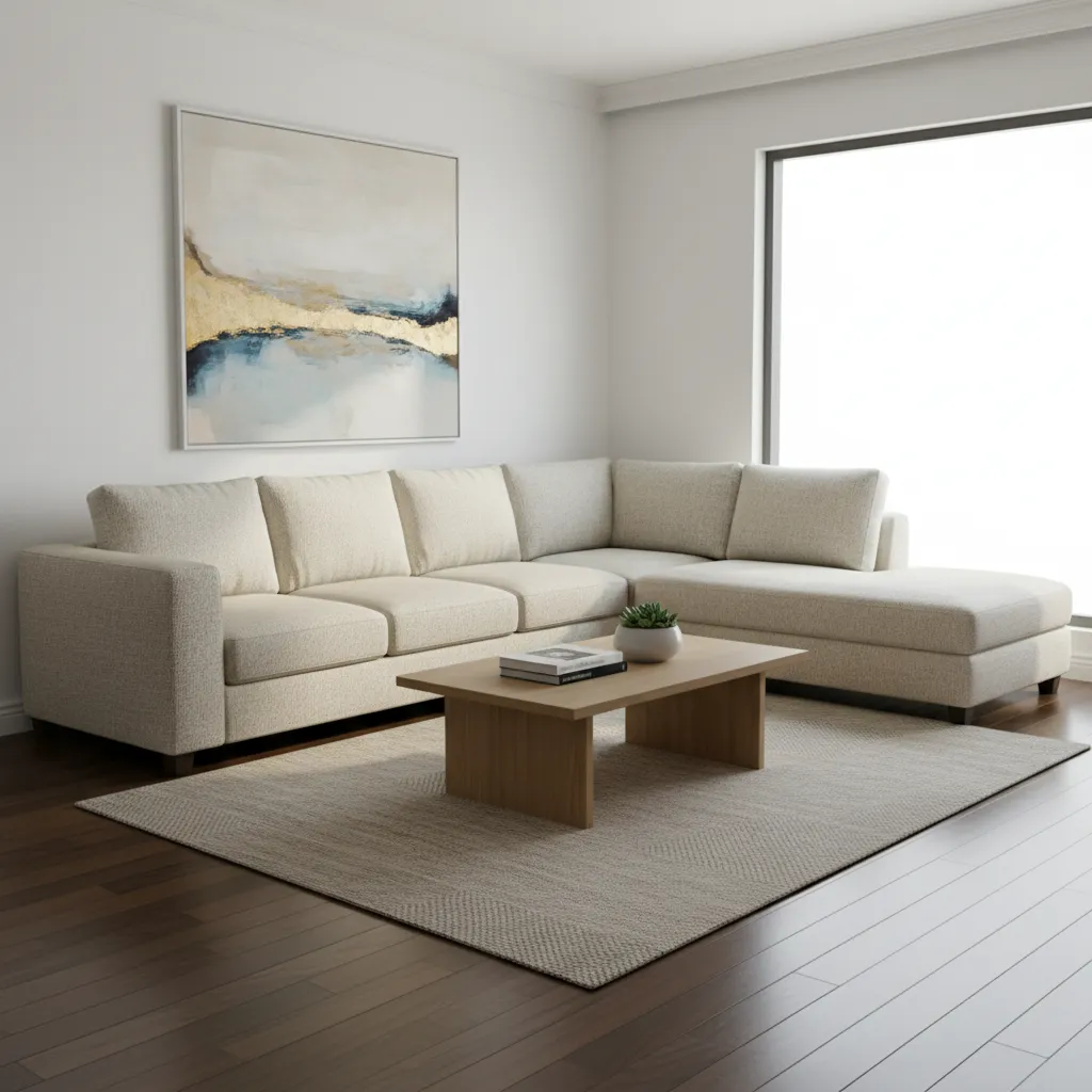 Minimalist living room with beige sofa, wooden coffee table, wall painting, and dark wood flooring