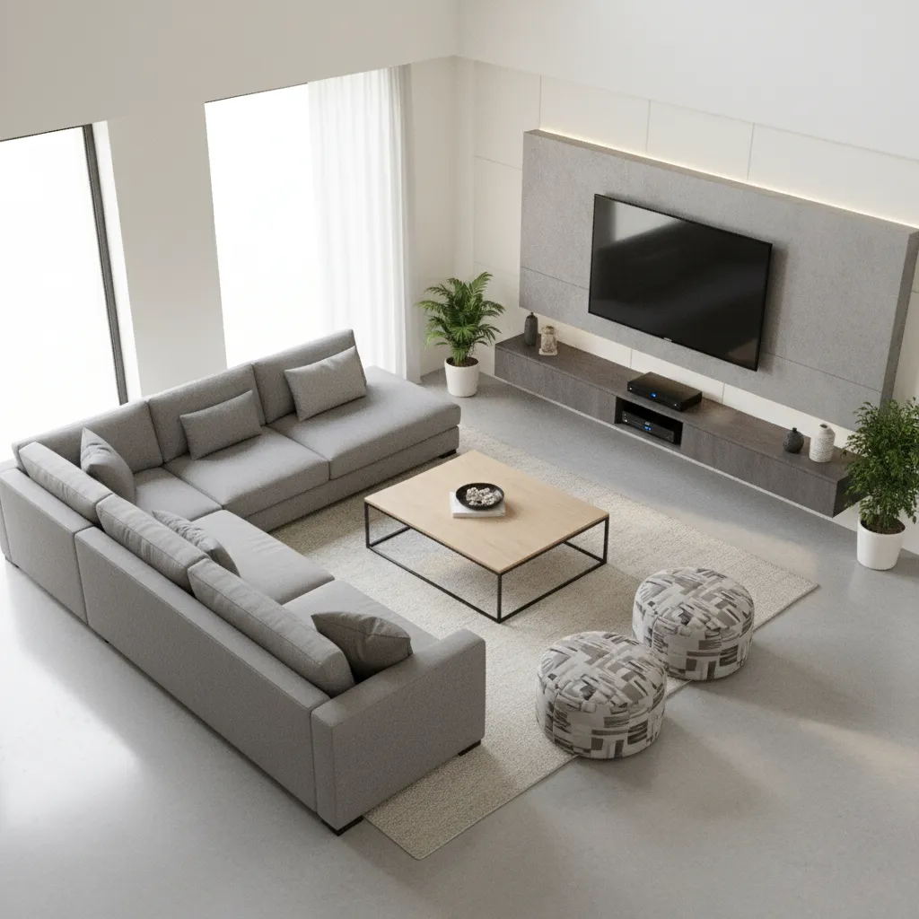 Top angle layout showing L shaped sofa placement in living room