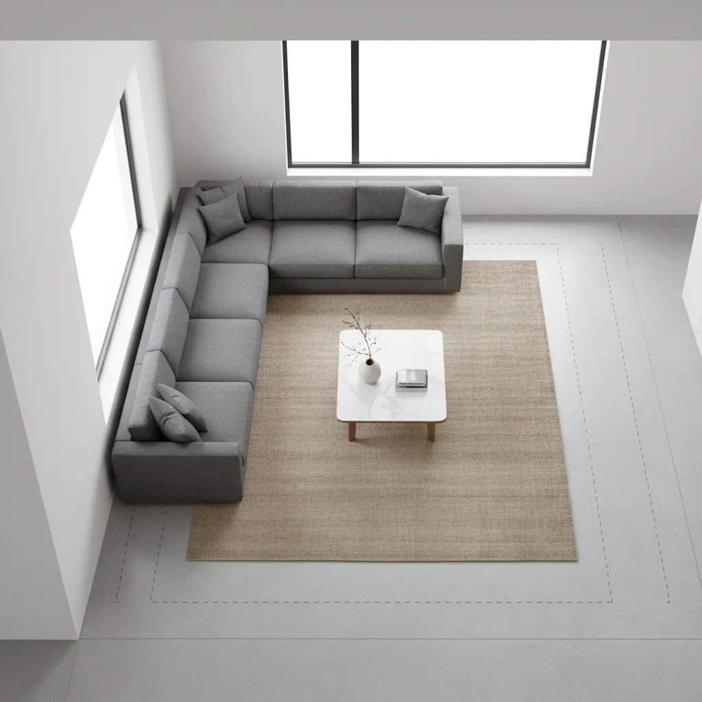 Living room layout showing circulation path around L shaped sectional
