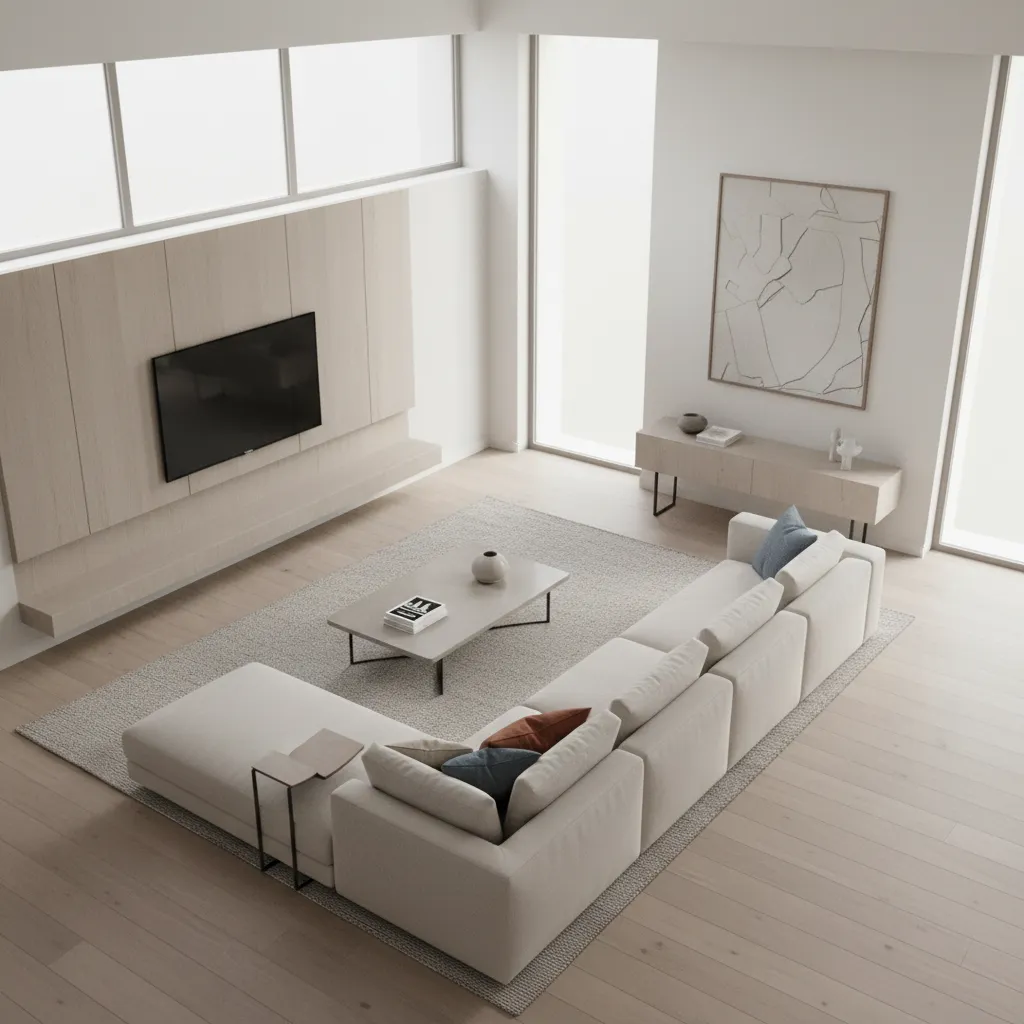 drawing room layout showing L shaped sofa orientation and walking path