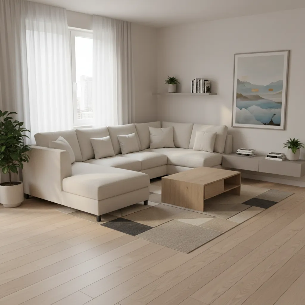 Modern living room with white corner sofa wooden coffee table geometric rug and large windows