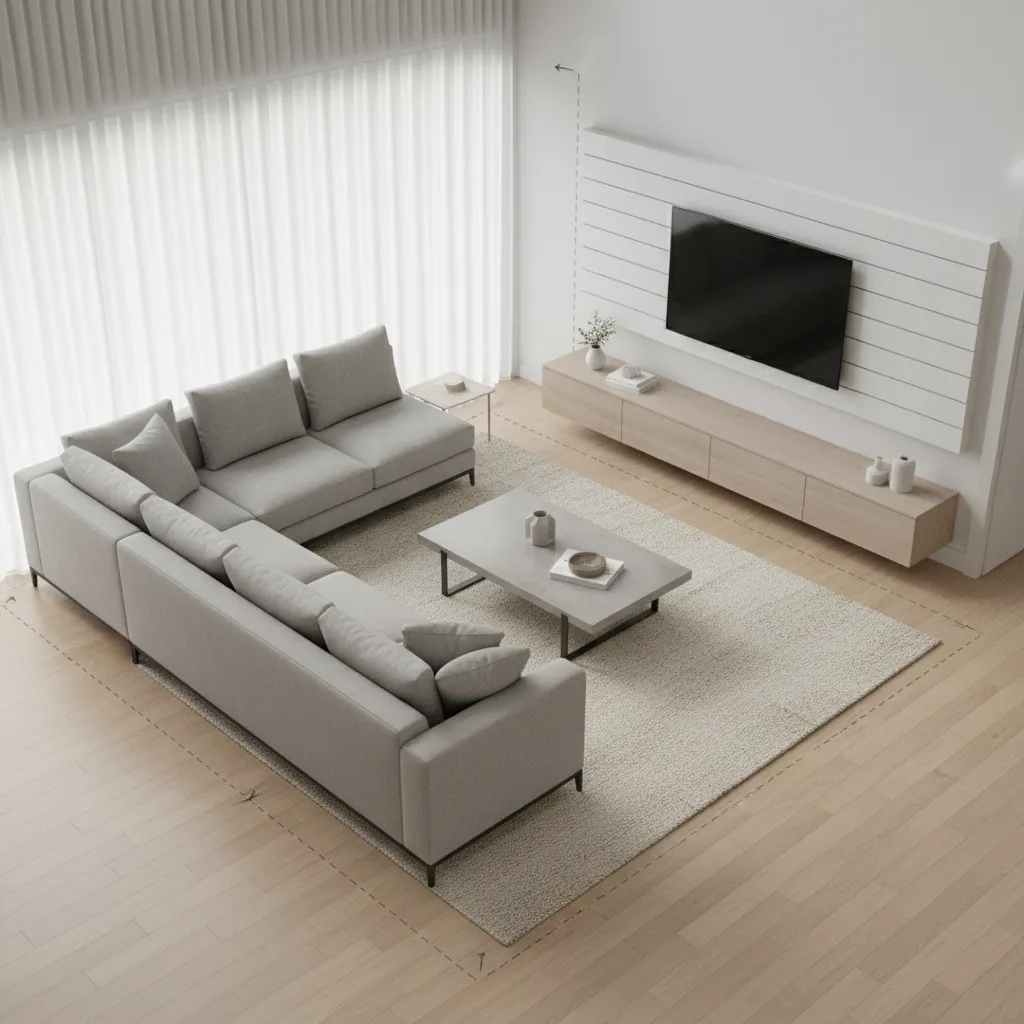 Living room layout showing walking paths around L shaped sofa