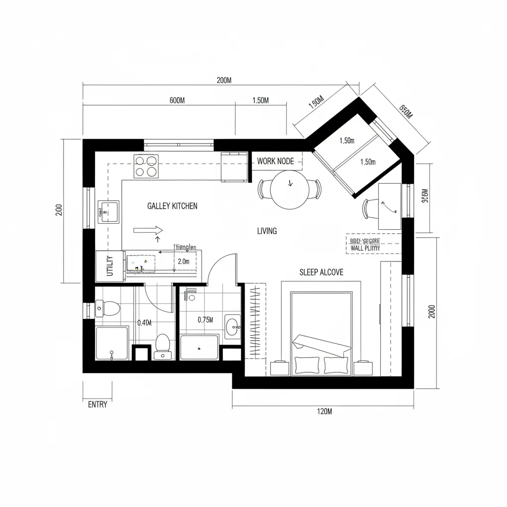 Small studio apartment floor plan with kitchen and dining area beside a single bed sleeping alcove
