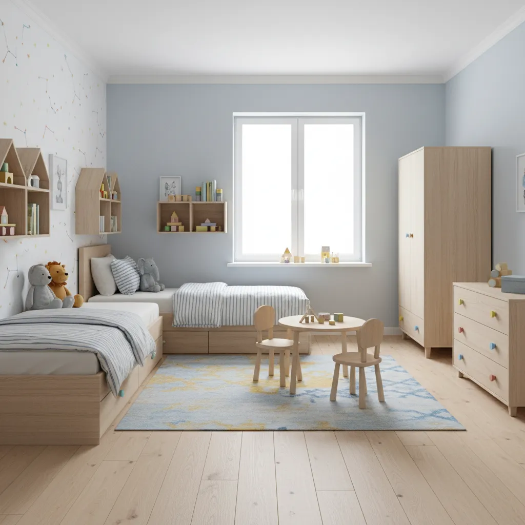 Children bedroom with L shaped twin beds positioned along two walls forming a corner layout