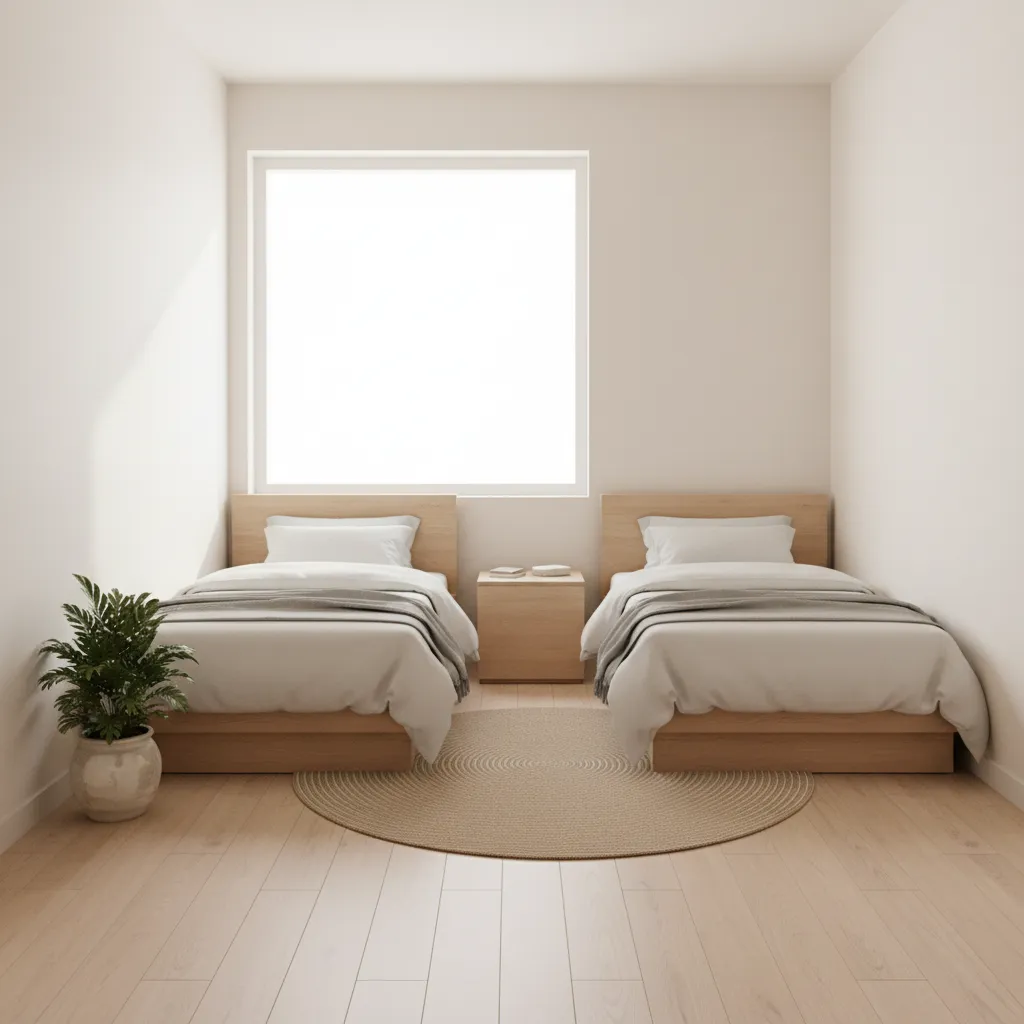 L shaped twin bed arrangement in a square small bedroom corner layout