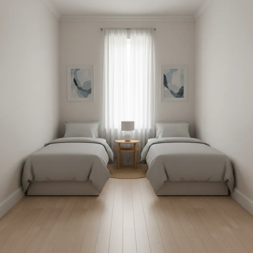 L shaped twin bed layout in a narrow small bedroom