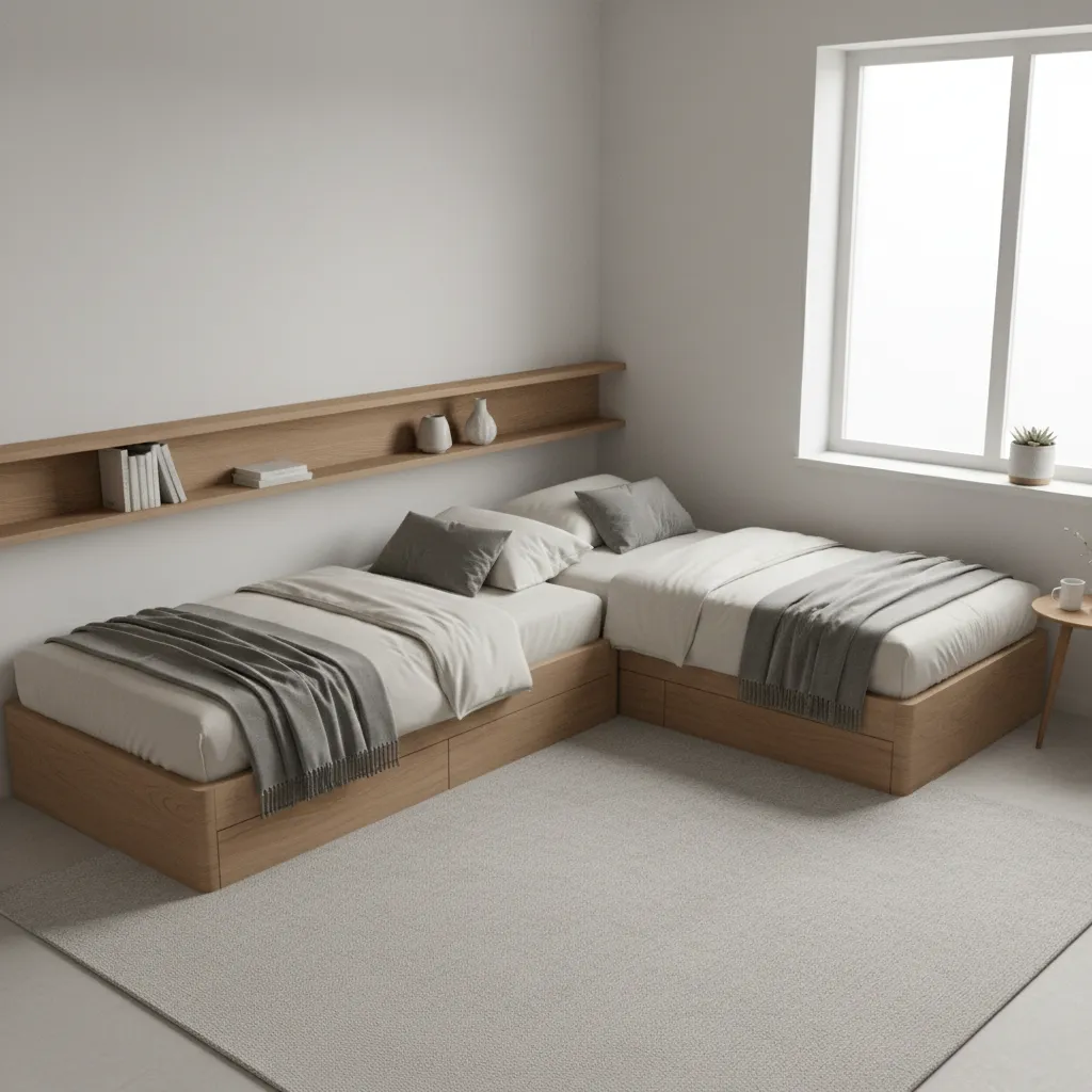 L shaped twin bed layout in a small square bedroom