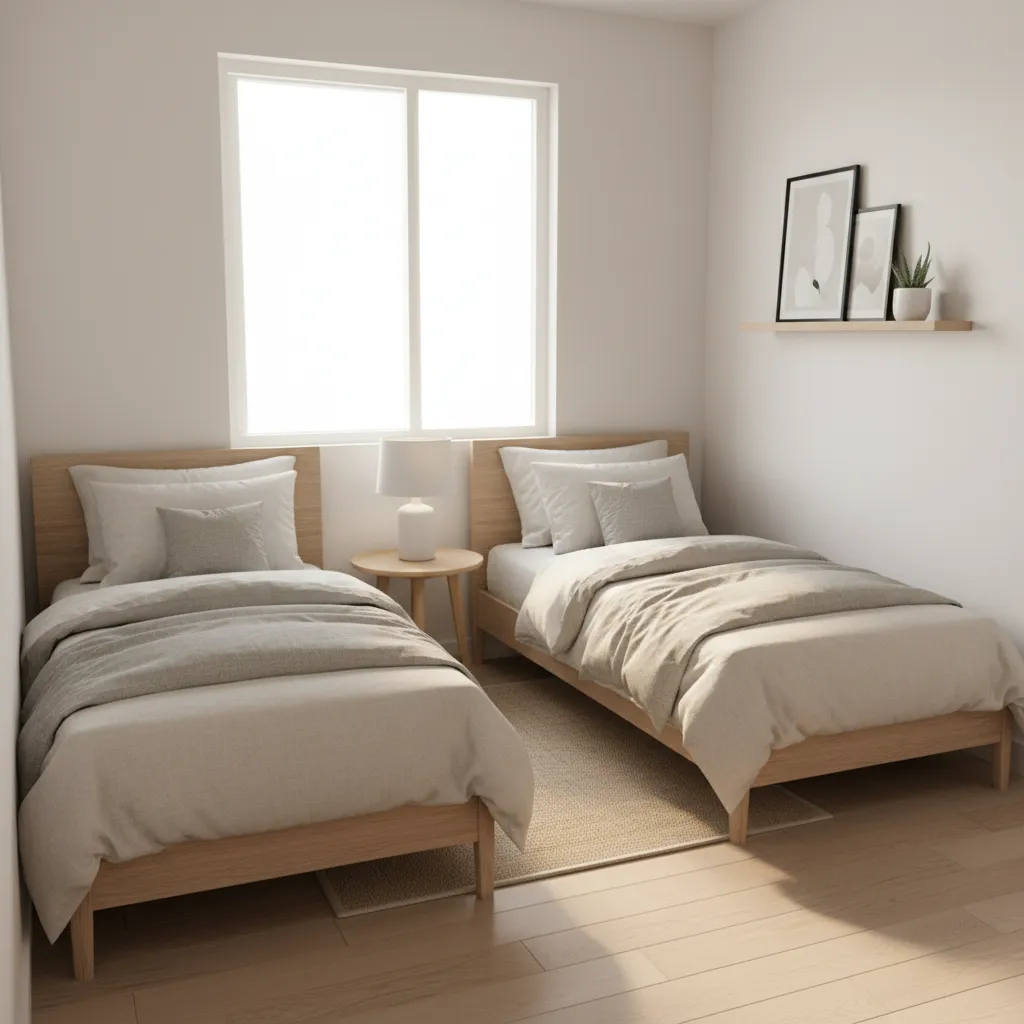 L-shaped twin bed arrangement in a compact shared bedroom