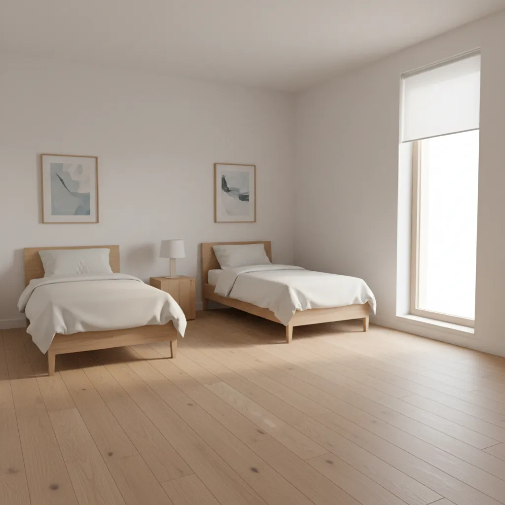 L shaped twin bed arrangement in a small square guest room