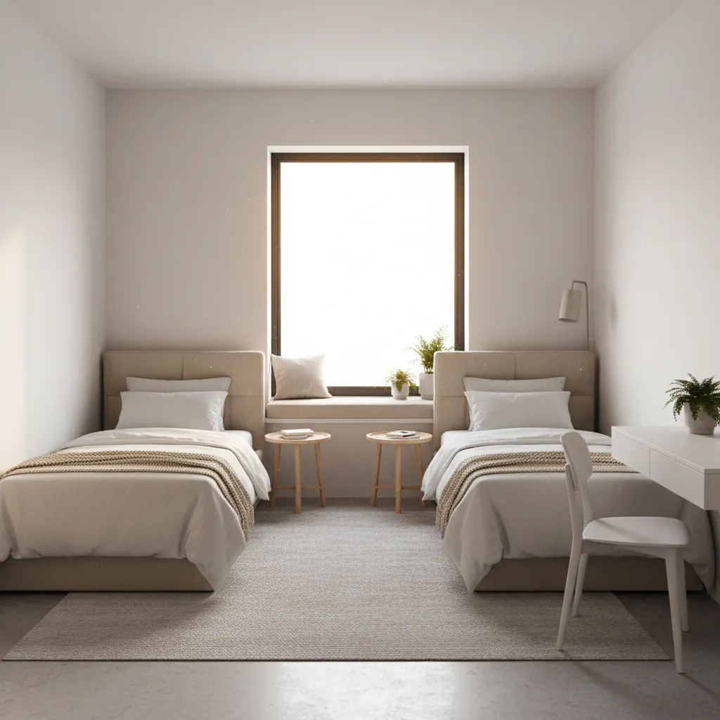 L shaped layout with two twin beds in a small square bedroom