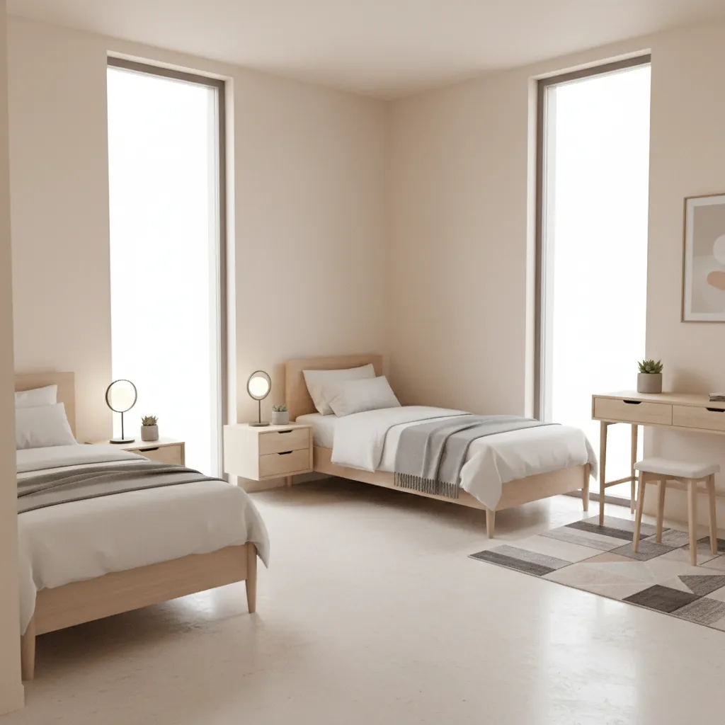 L shaped twin bed arrangement in small bedroom corner layout
