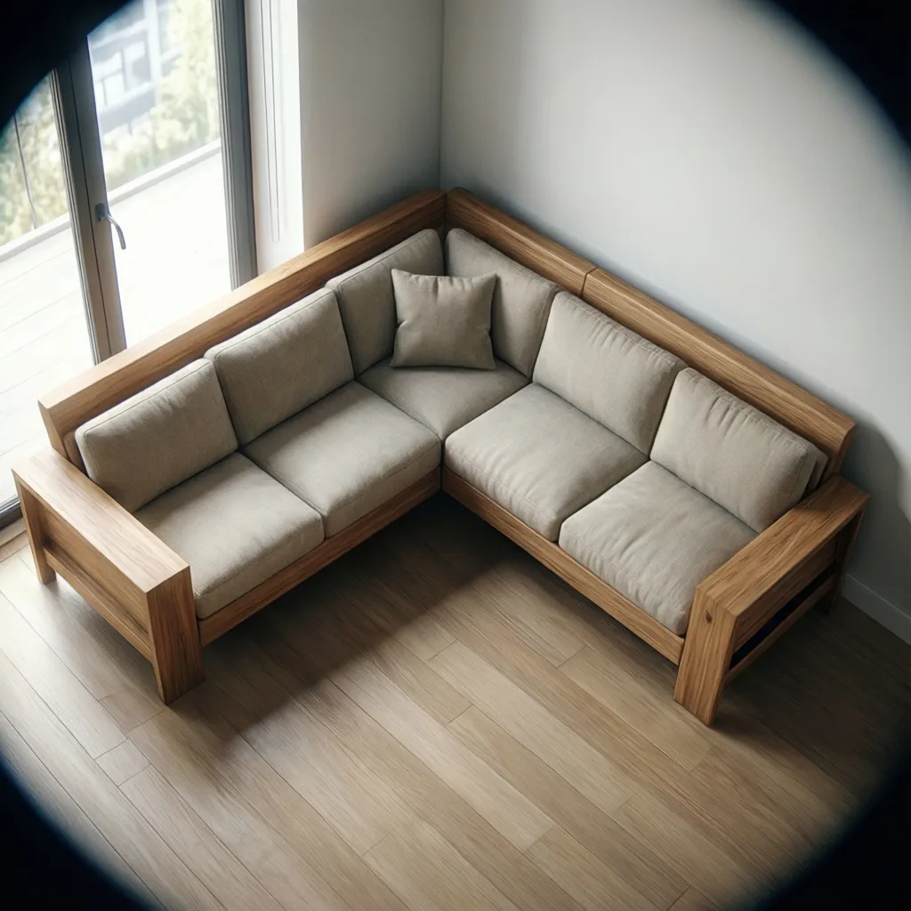 L shaped wooden corner sofa layout maximizing space in small living room