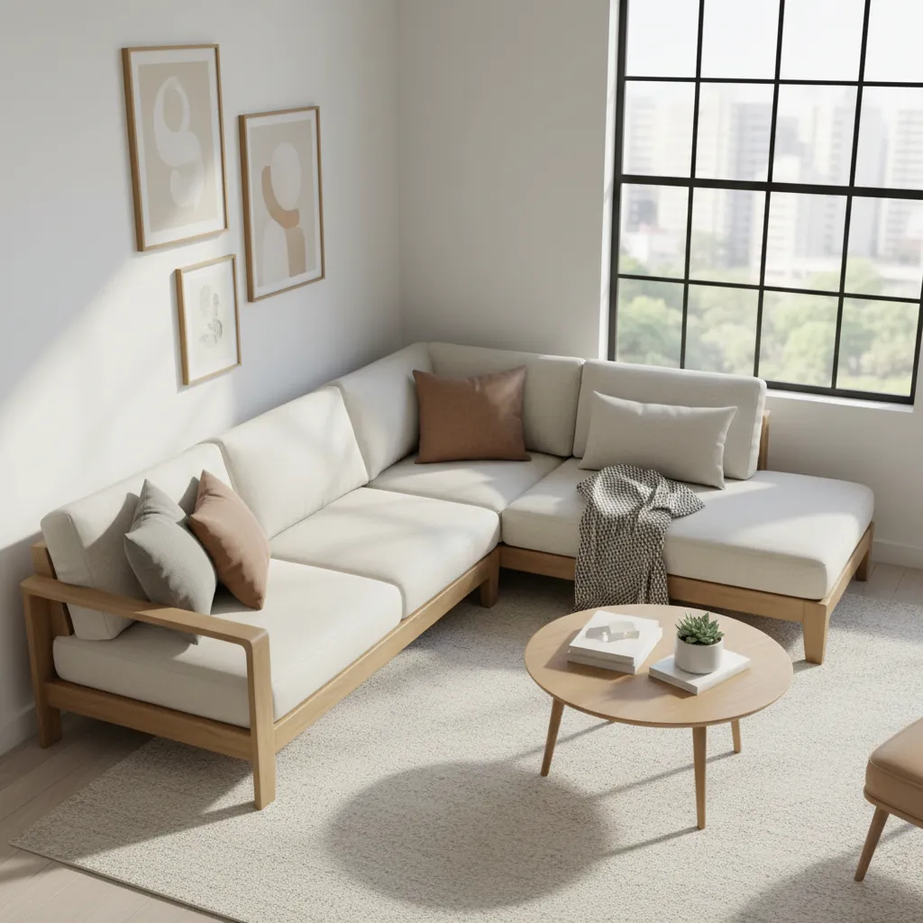 compact L shaped wooden sofa in a corner living room layout