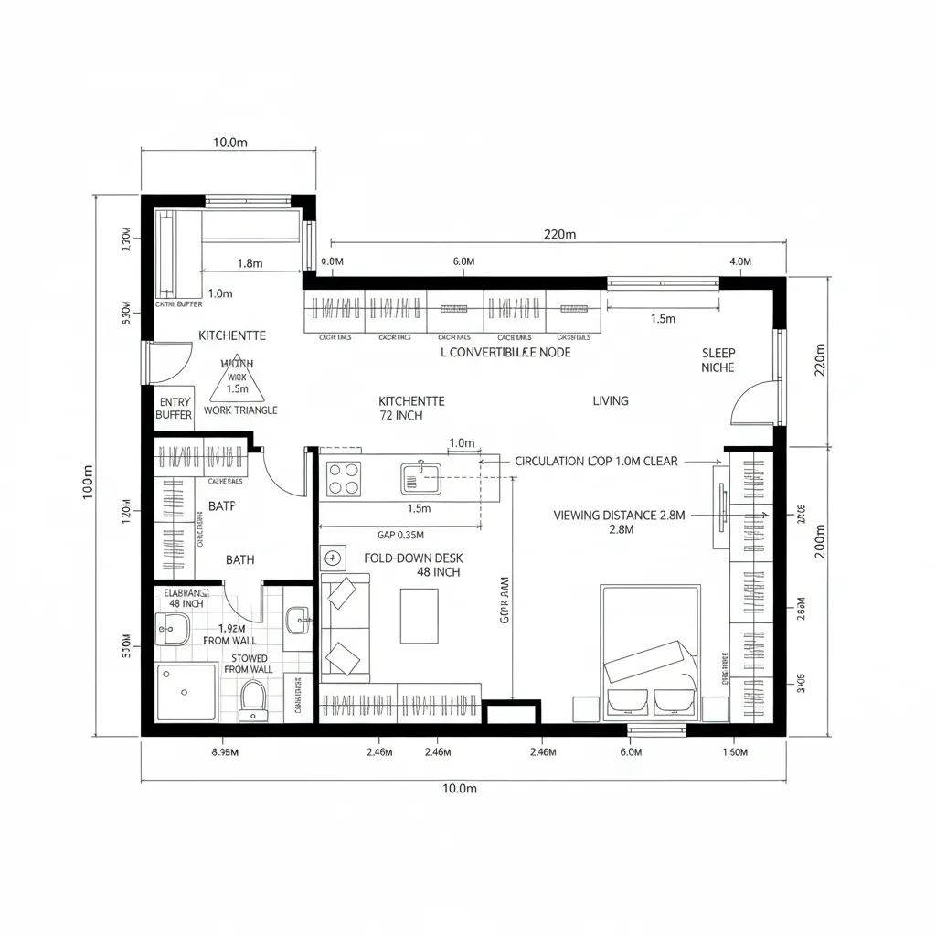 Top-down CAD plan of L-shaped studio with convertible work-sleep node
