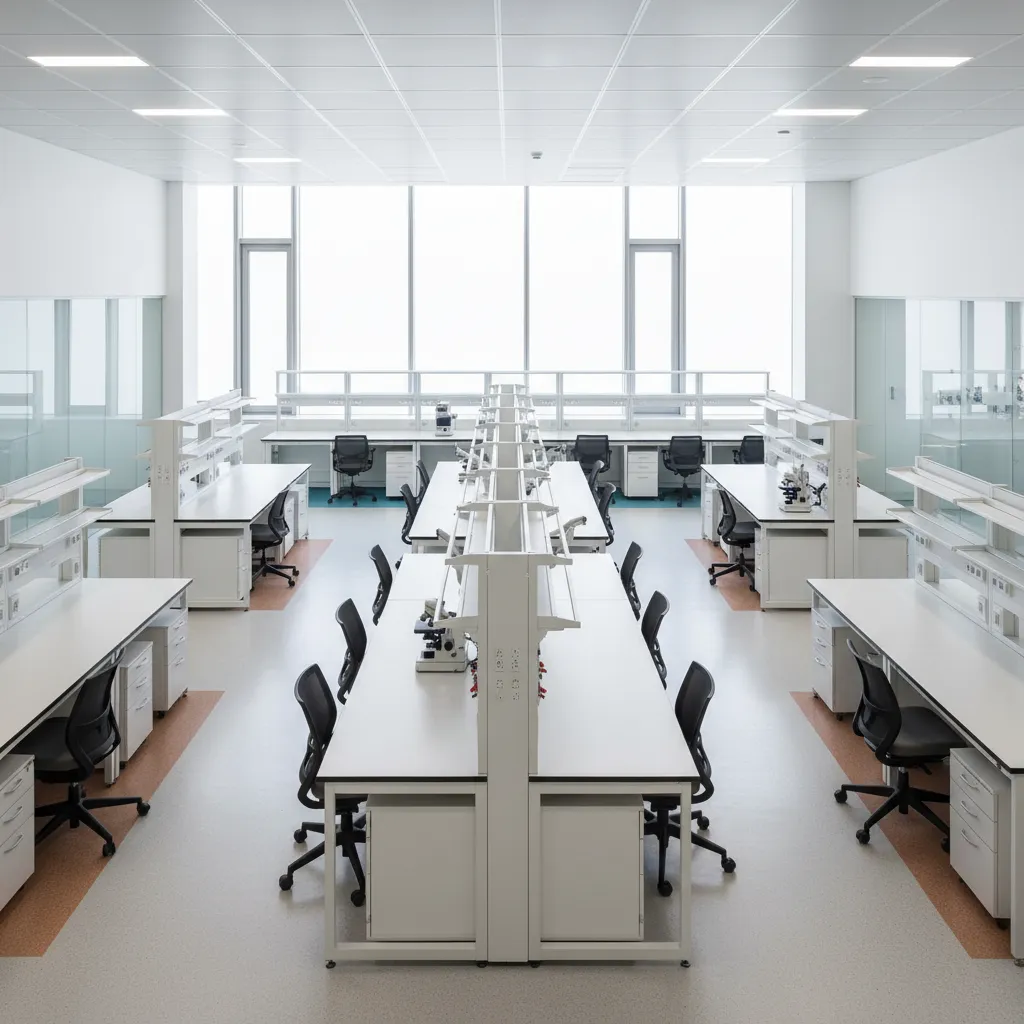 Laboratory room design showing symmetric rows of white worktables black chairs storage shelves and windows