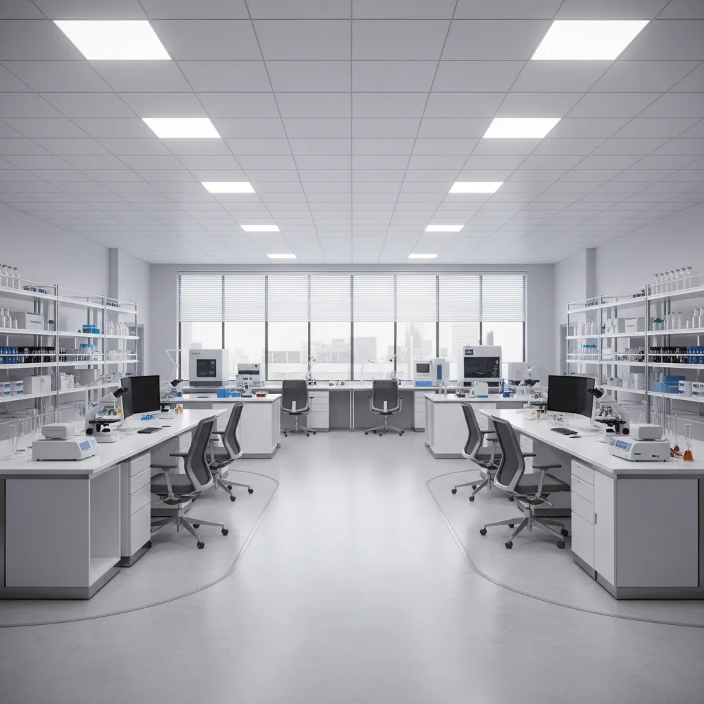 Laboratory floor layout highlighting wide circulation paths and equipment placement