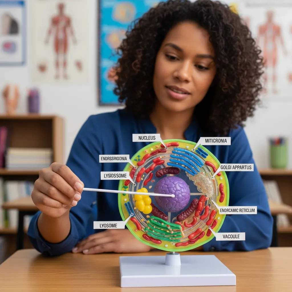 large labeled animal cell model with visible organelles used for classroom explanation