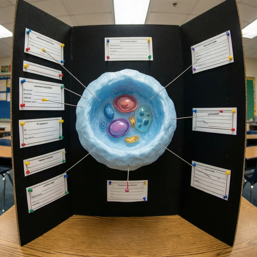 Styrofoam cell model mounted on black display board with printed labels