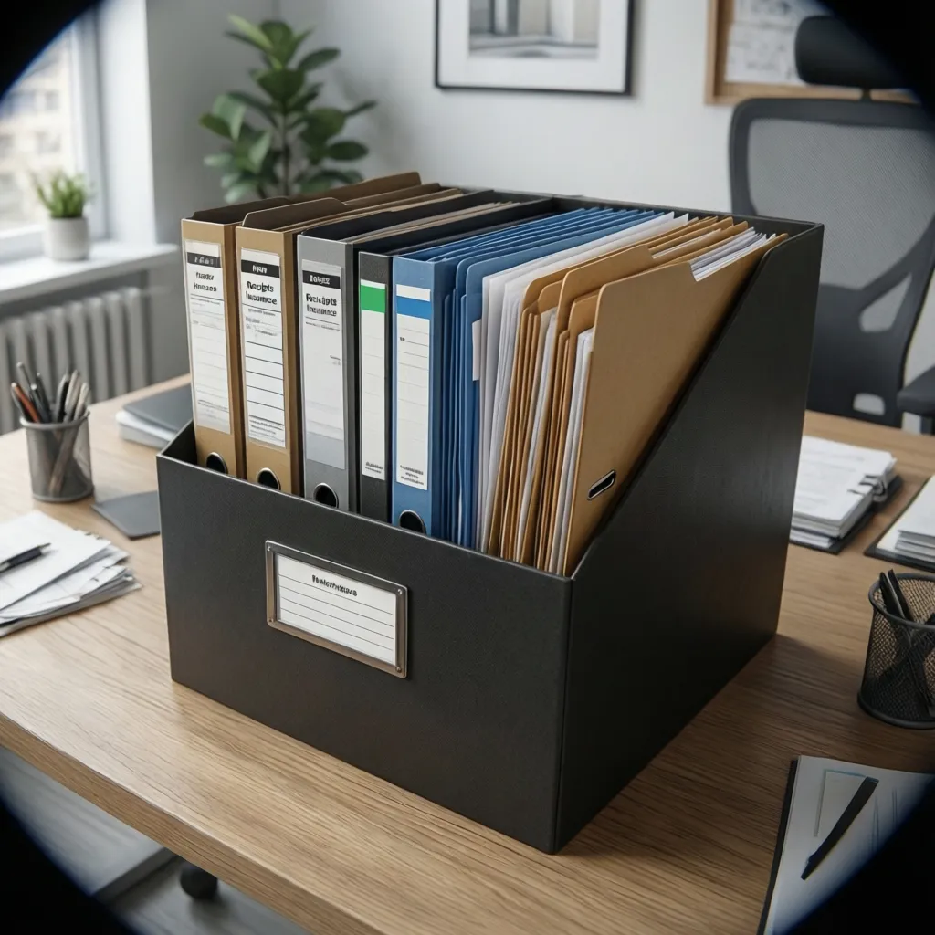 labeled file folders in organized home office filing box