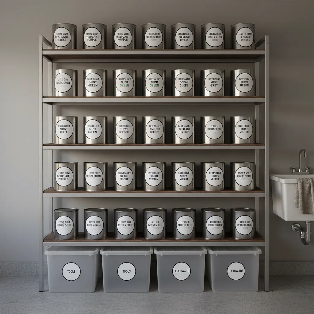 Properly labeled leftover paint cans stored for future wall touch ups