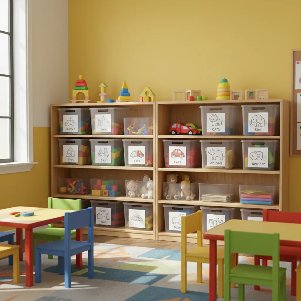 labeled toy bins organized by category in daycare classroom shelf