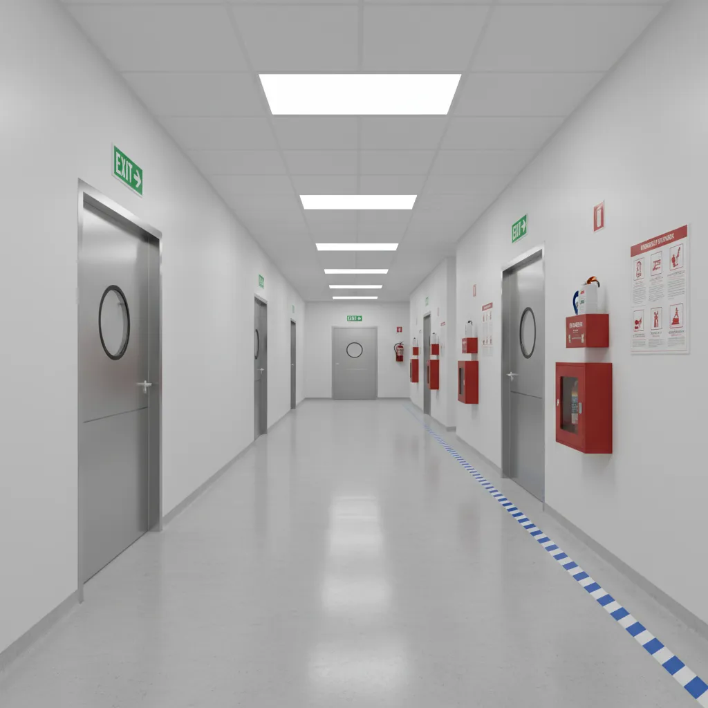 Laboratory corridor design showing clear evacuation path and emergency exits