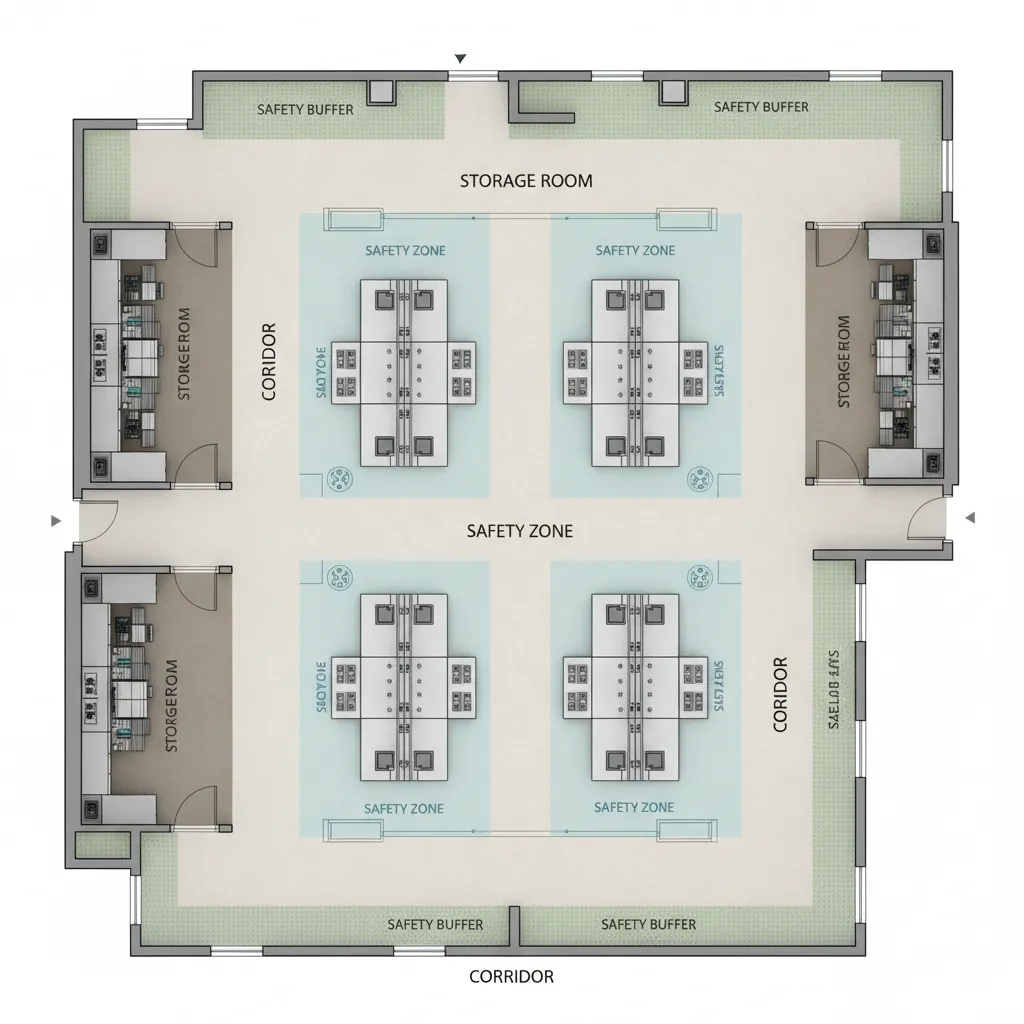 Laboratory layout showing separate safety zones for research, storage, and circulation