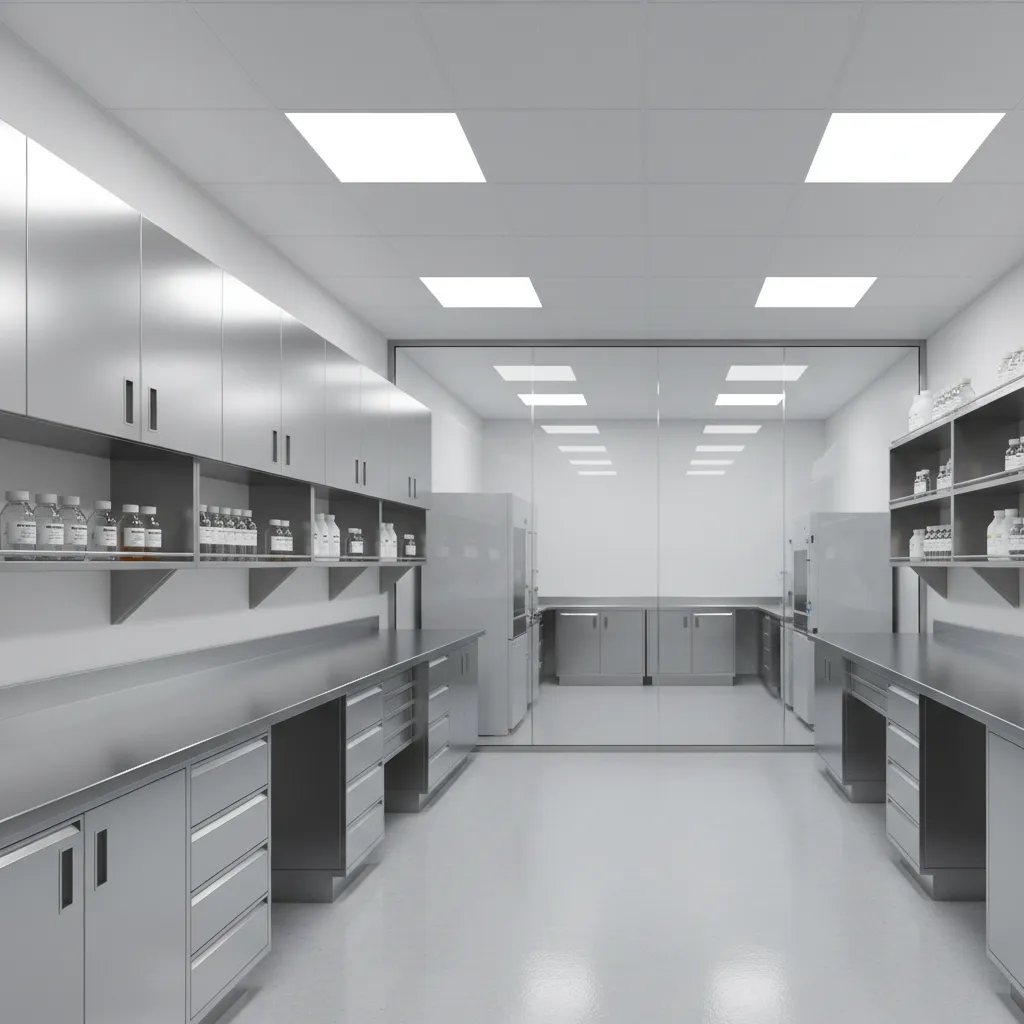 Laboratory storage cabinets and organized equipment shelves in a research lab