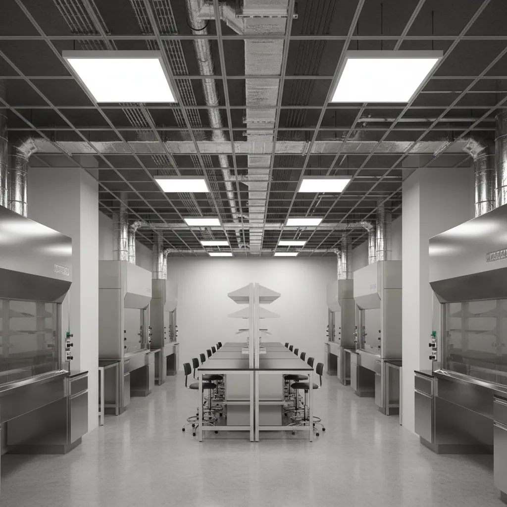 Laboratory with fume hoods and ventilation planning integrated into layout
