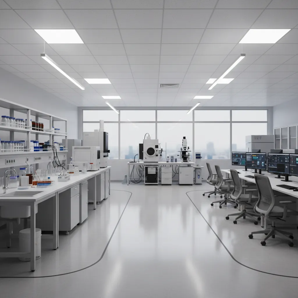 Modern laboratory interior showing white workbenches scientific tools computer monitors grey chairs and large windows