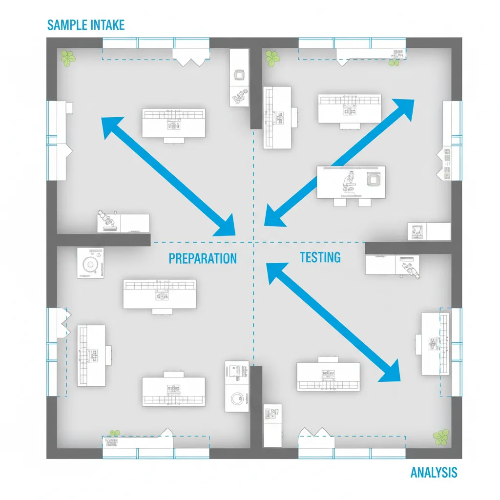Laboratory floor plan showing workflow path between equipment stations