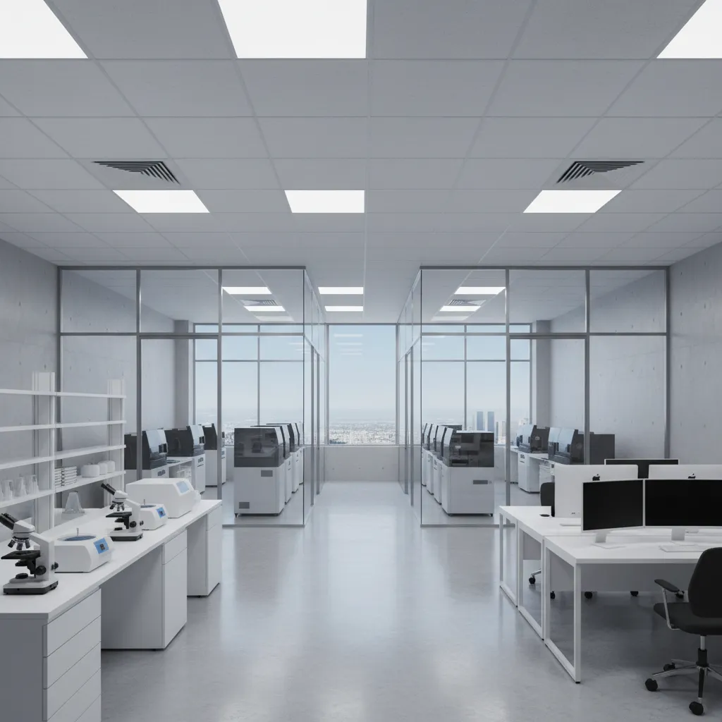 Laboratory interior showing clearly separated work zones for preparation testing and analysis