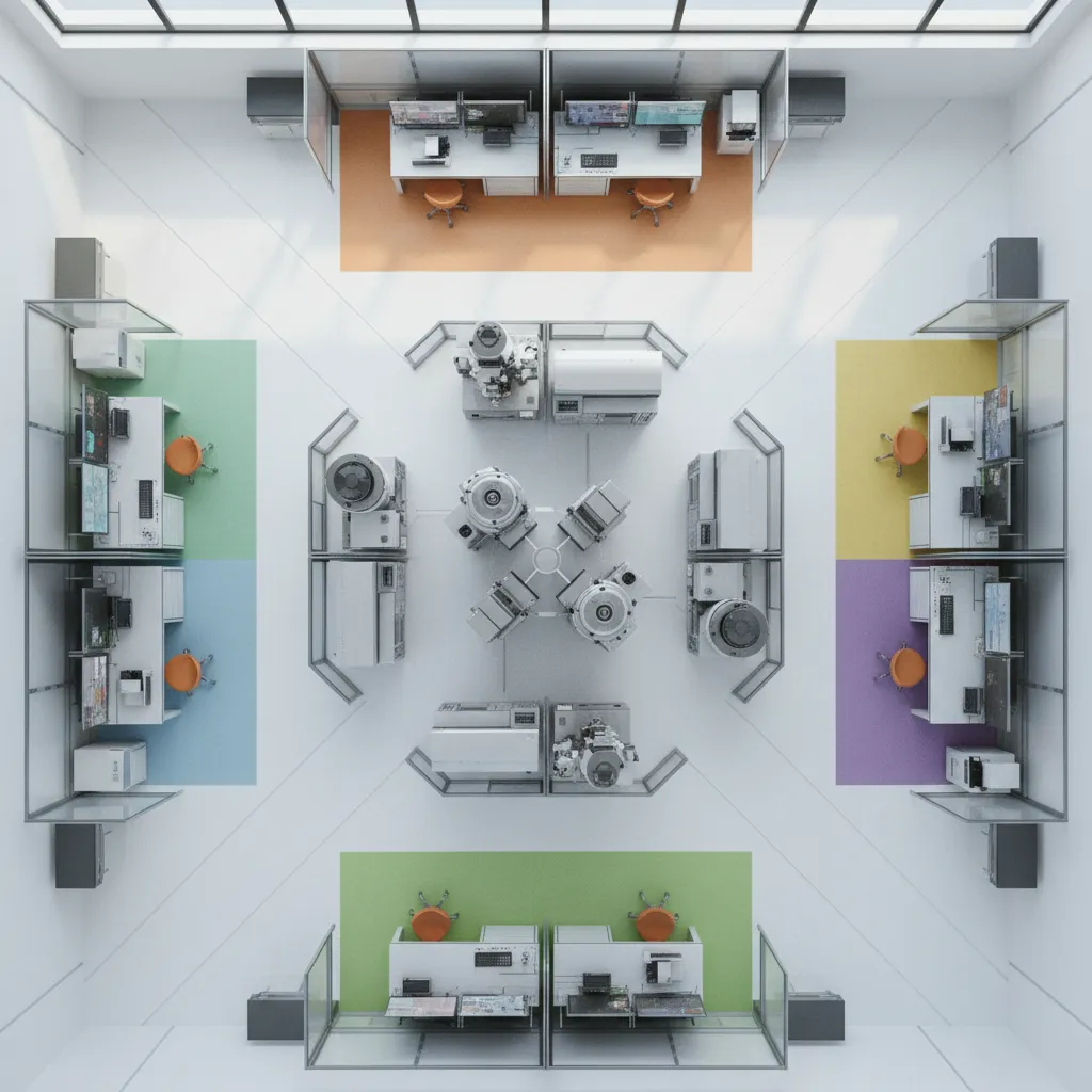 Modern laboratory workflow zoning with shared equipment hub and modular work areas
