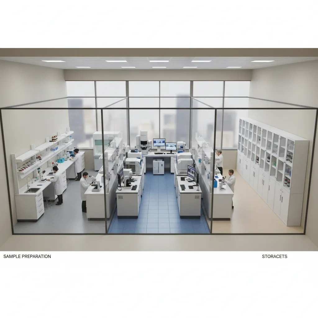 laboratory workflow zoning showing sample preparation testing and storage areas