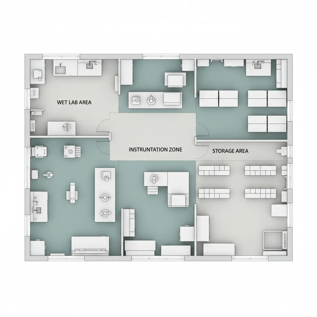 Professional room layout for a laboratory including wet lab area, instrumentation zone, storage, and equipment