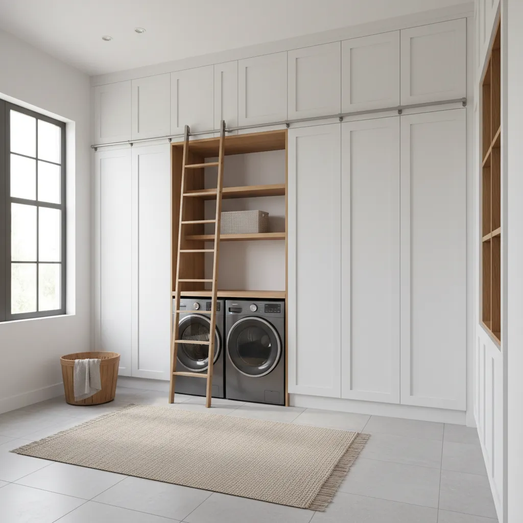 Modern laundry room with white cabinets, wooden shelves, sliding ladder, washing machines, rug, and window