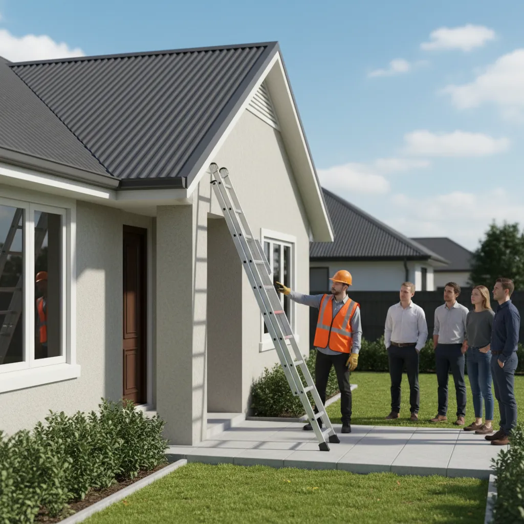 illustration of correct ladder angle leaning against house with metal roof