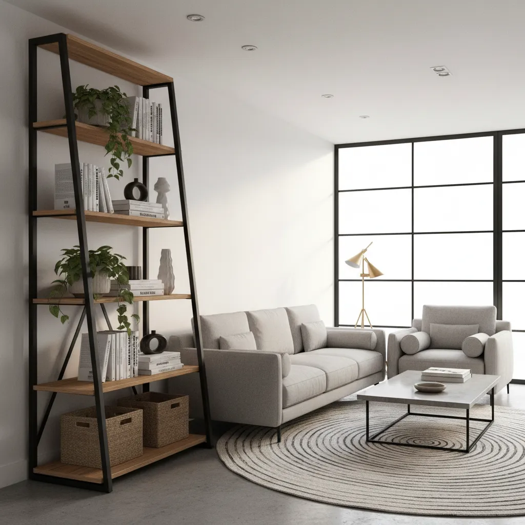 Tall ladder style corner shelf in a contemporary living room