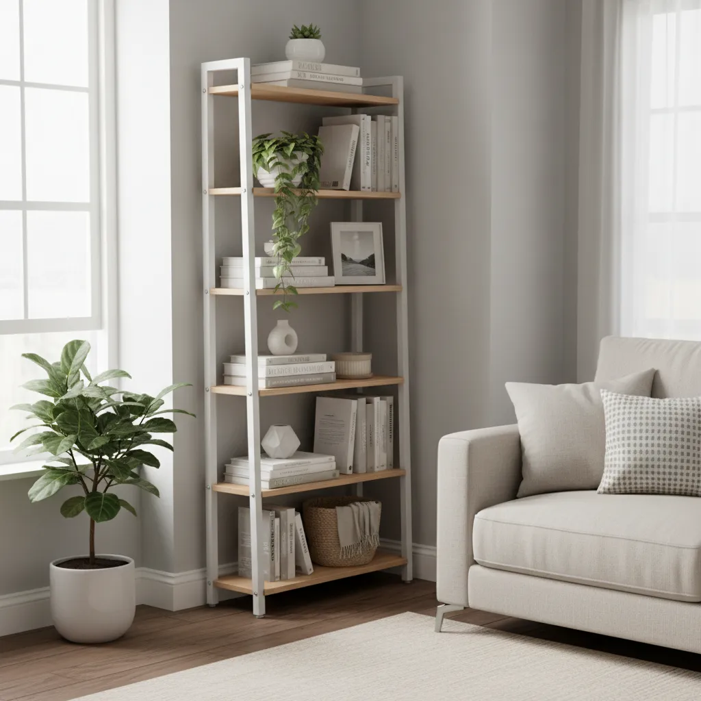 Ladder style corner shelf table with books and décor in living room