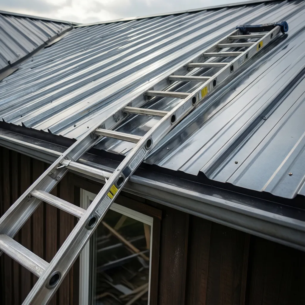 Roof ladder hooks resting on smooth painted metal roof panels showing potential slipping risk