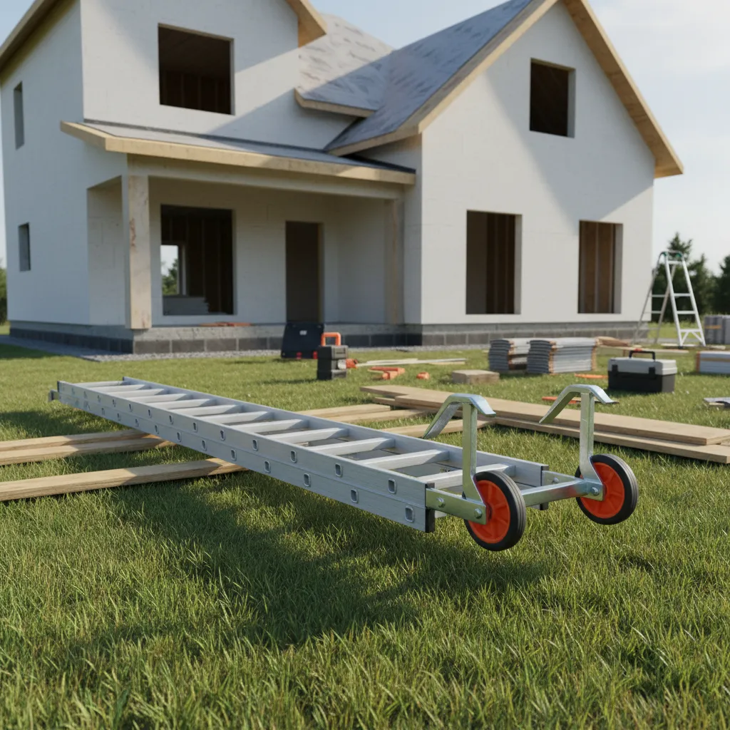 Roof ladder hooks attached to the top of an extension ladder on the ground