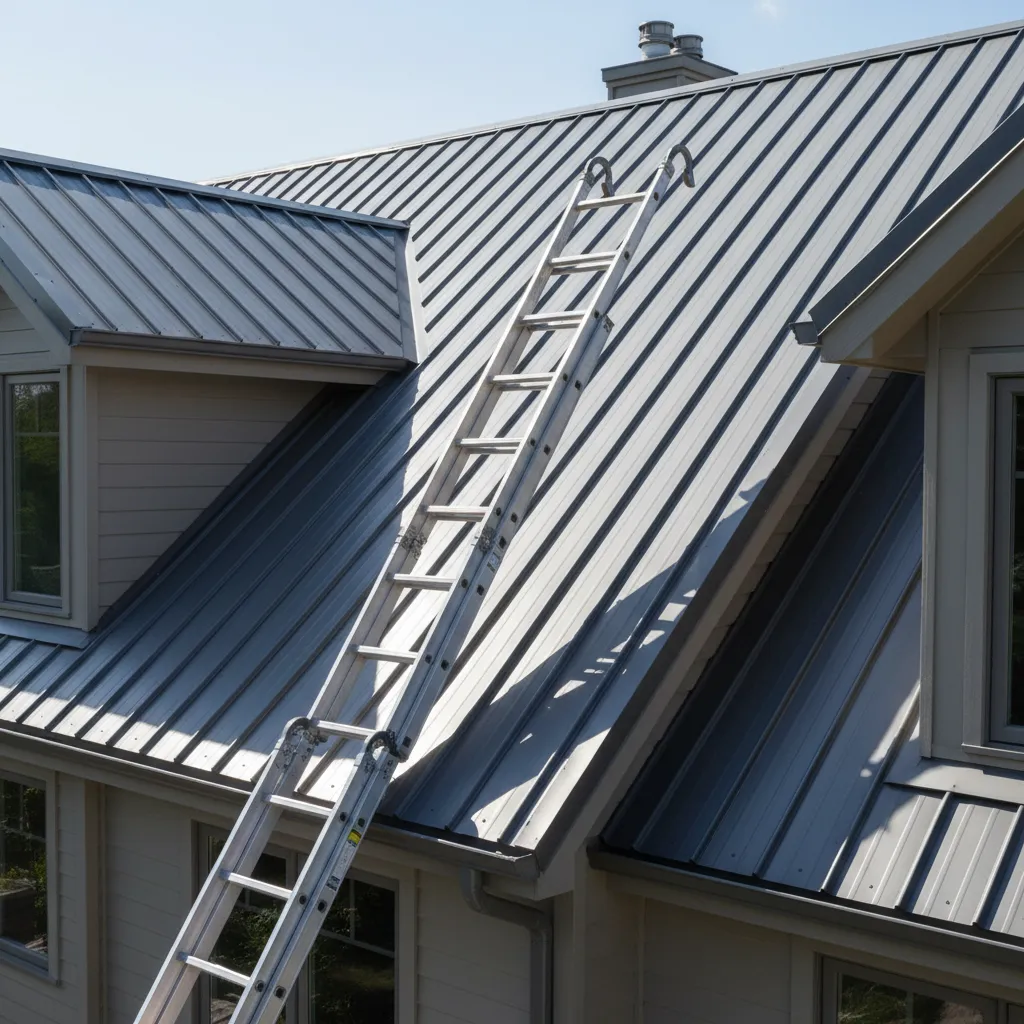 extension ladder with ladder hooks secured over ridge of metal roof