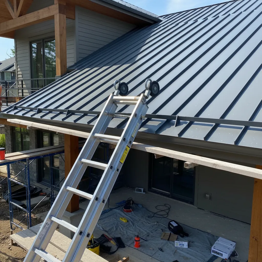 Extension ladder with hooks positioned over ridge of metal roof