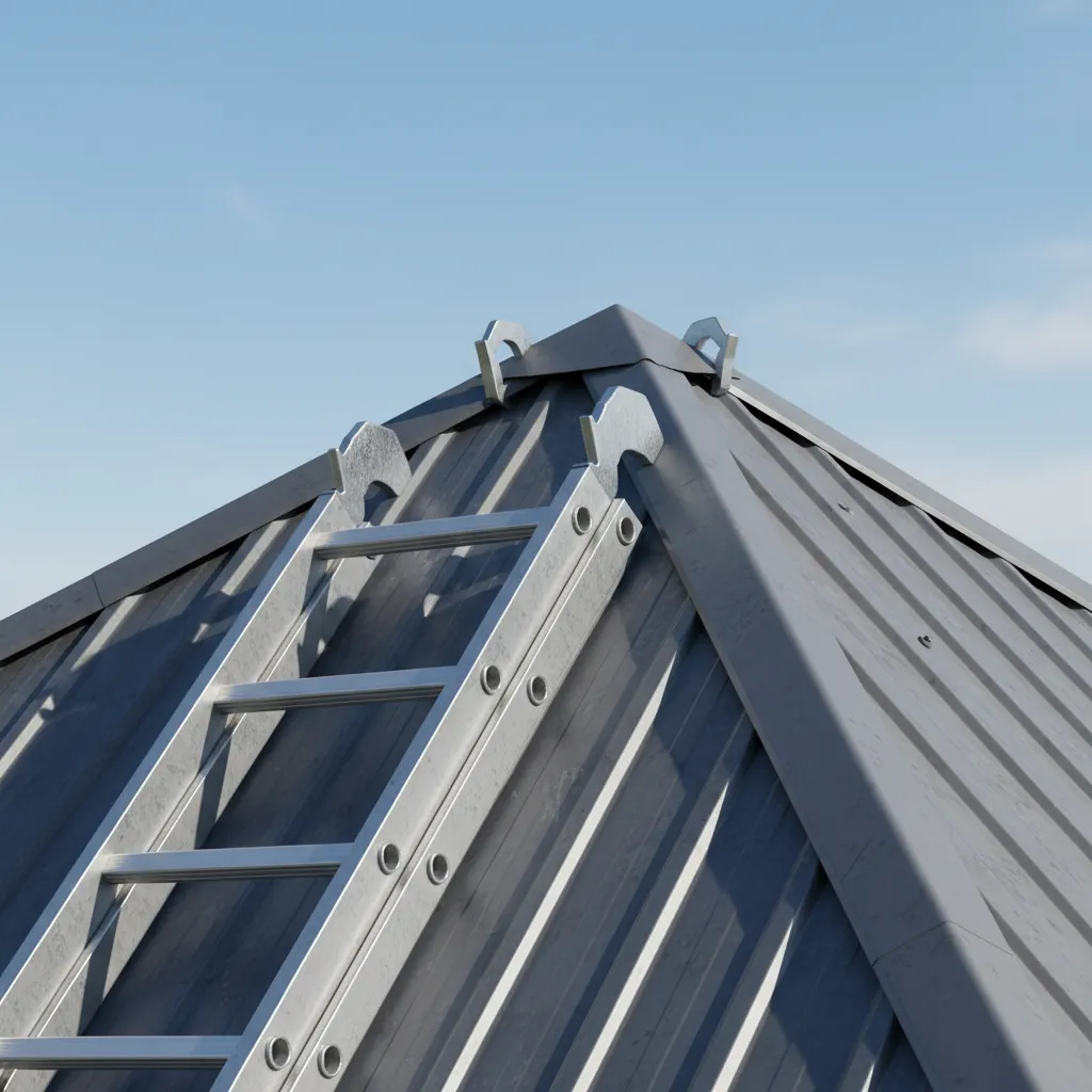 Roof ladder hooks securely positioned over the ridge cap of a metal roof