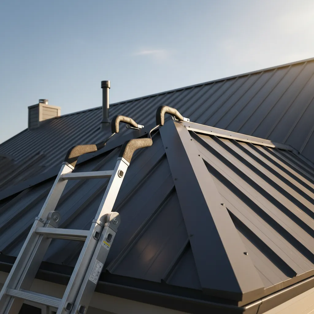 Ladder hooks securely wrapped over a residential roof ridge cap