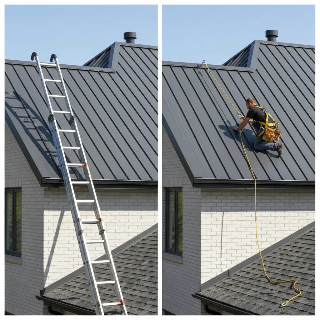 visual comparison of ladder hook ladder access and roof anchor harness safety
