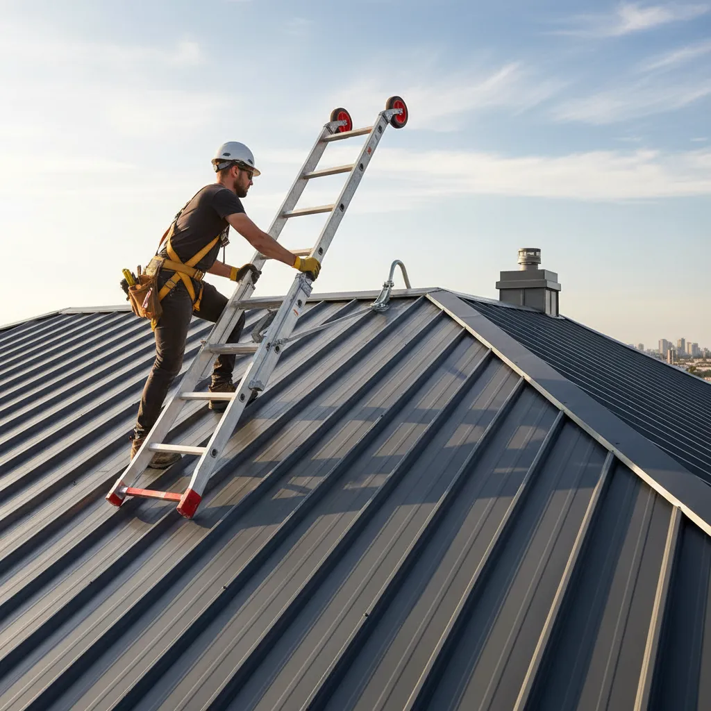 Extension ladder being rolled up a metal roof using ladder hook wheels