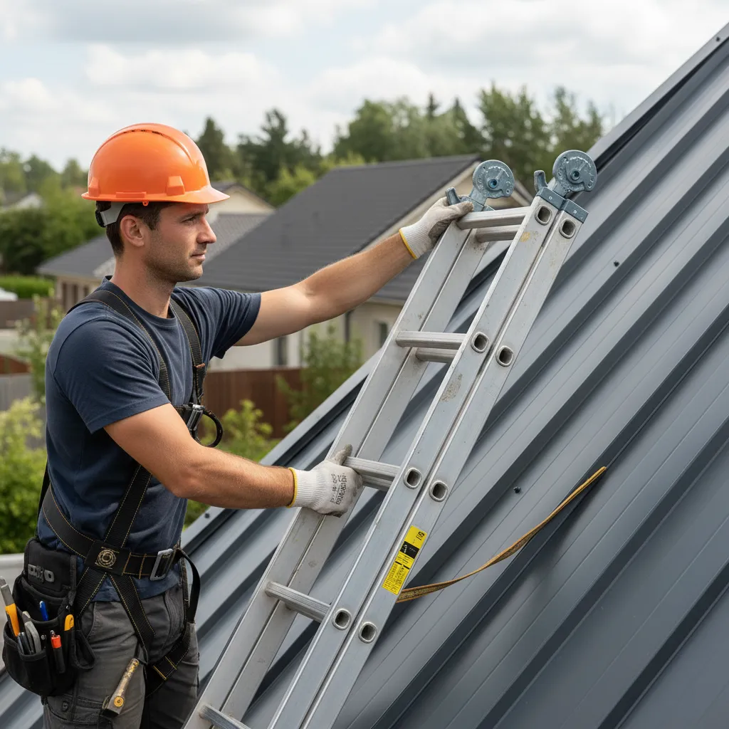Contractor checking ladder hooks and ladder stability before climbing a metal roof