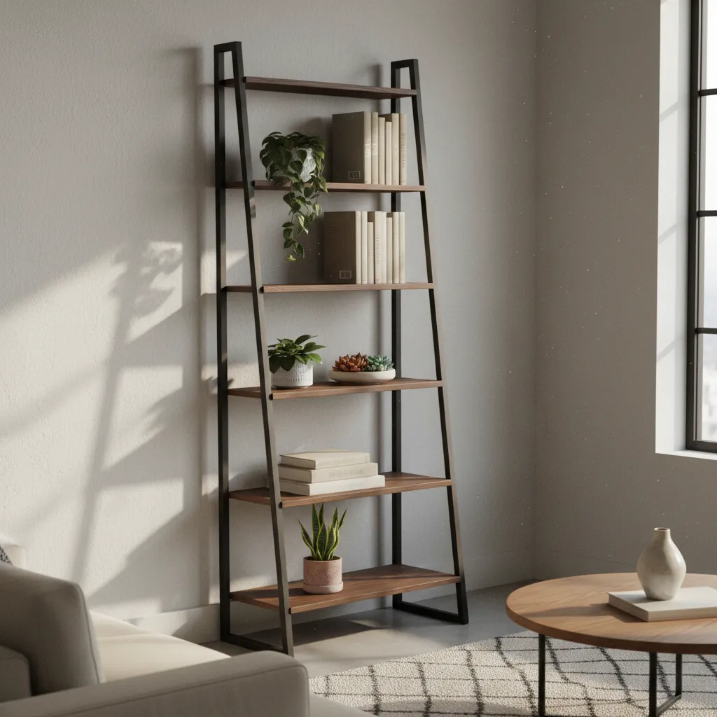 Ladder shelf leaning against wall in small apartment living room