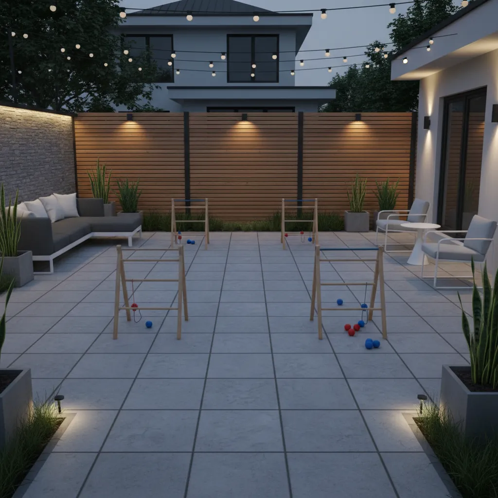 Portable ladder toss game setup on a small patio